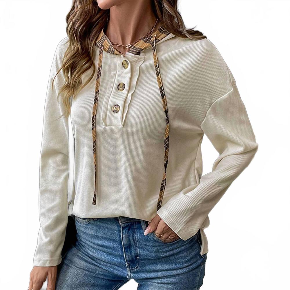 NEW LILY CLOTHING cozy plaid trim pullover sweatshirt in beige